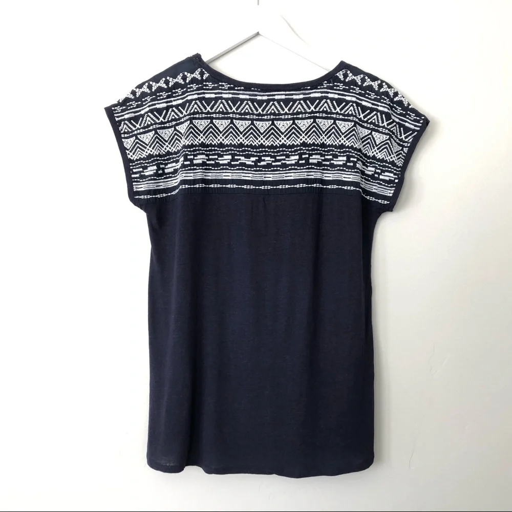 ESPRIT Aztec Embroidered Cotton Blend Cap Sleeve Tee Top Navy White Sz XS - Picture 7 of 10